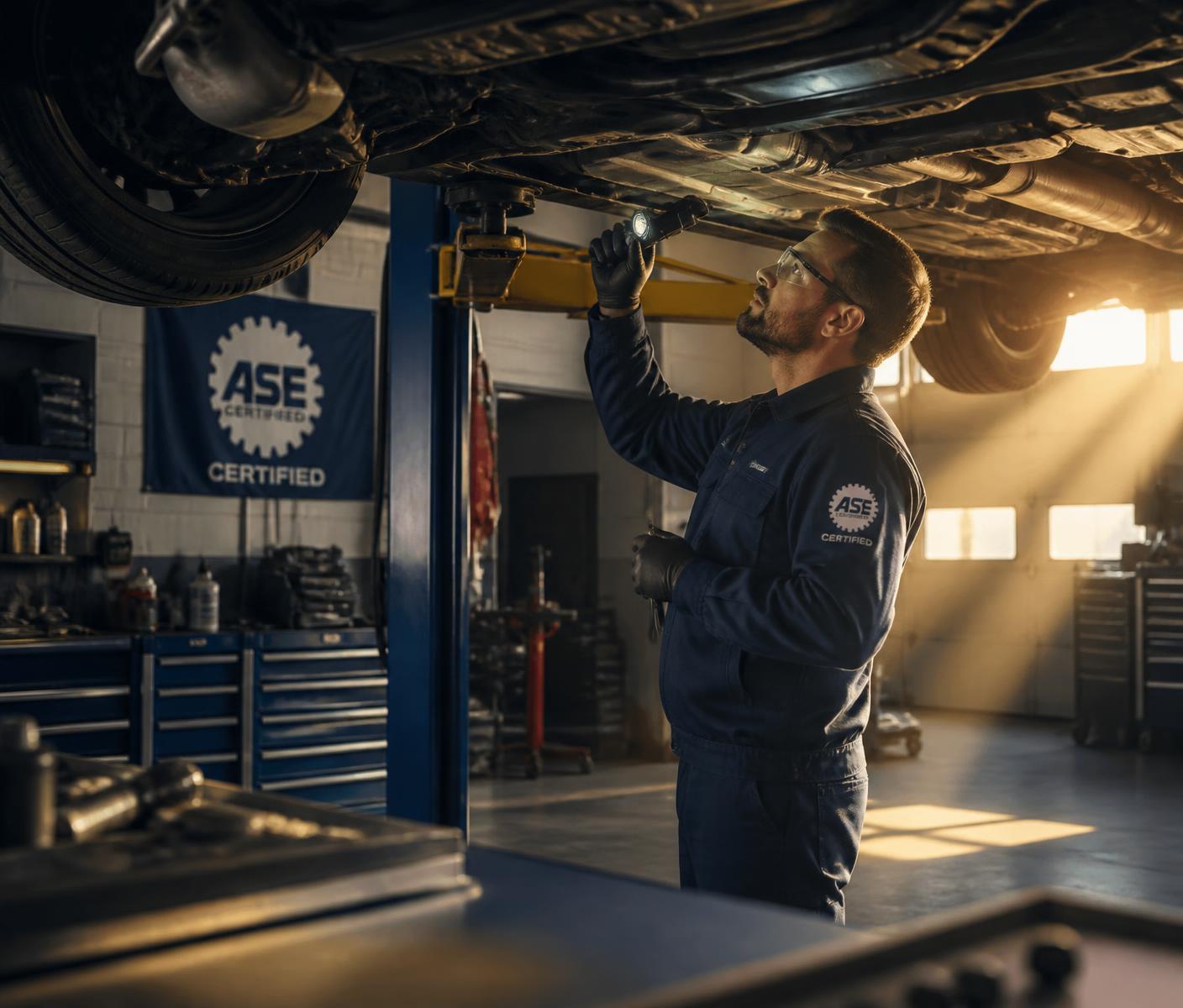 ASE-certified technician inspecting a vehicle on a lift at E&T Tires and Service