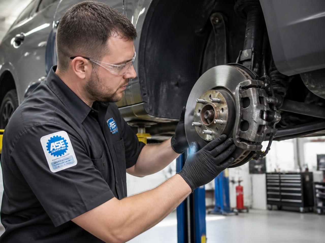 ASE certified technician inspecting a brake rotor